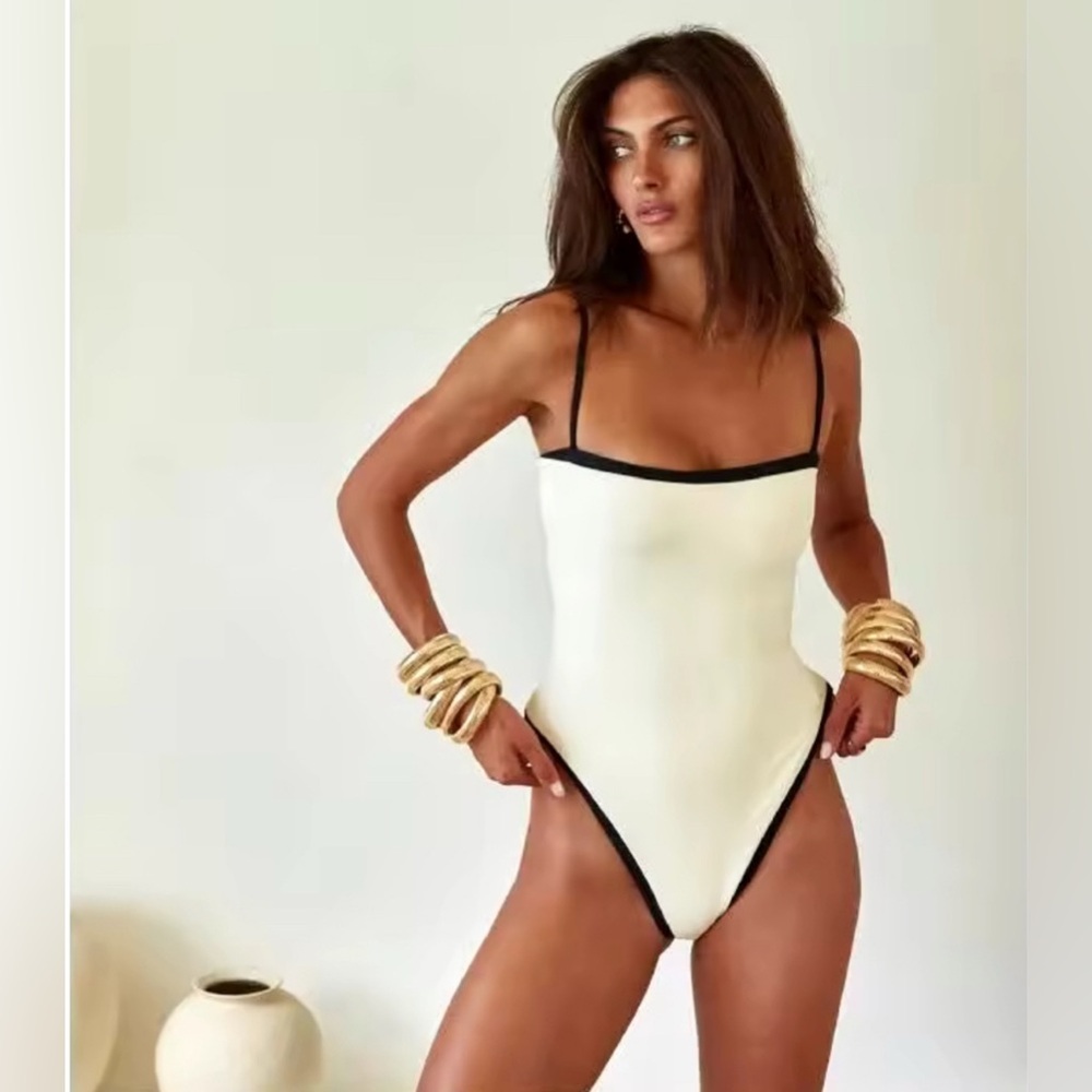 Light Beige With Black Trim High Cut Classic One-piece Swimsuit